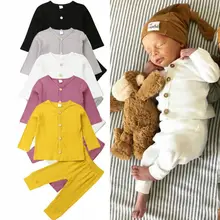 Коллекция года, весенне-осенняя одежда для малышей Вязаный топ с длинными рукавами для новорожденных девочек и мальчиков+ штаны-леггинсы комплект из 2 предметов однотонная одежда в рубчик