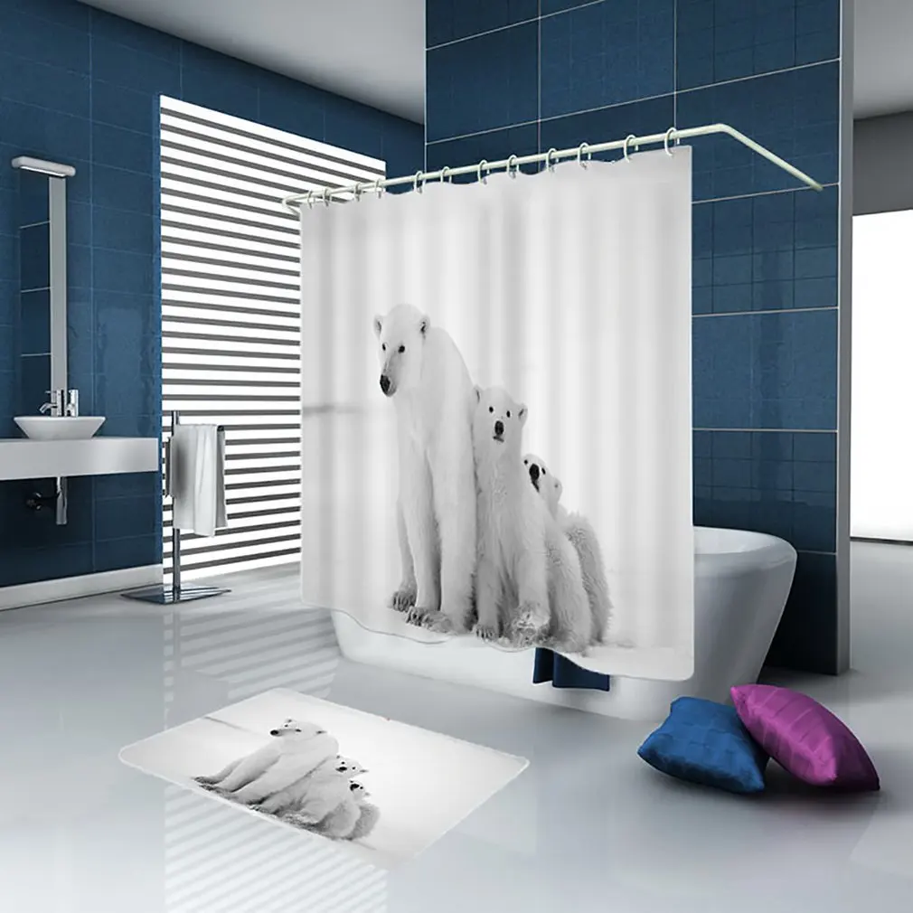 Zoo Shower Curtain White Polar Bear On Ice Print For Bathroom Print Shower Curtain Carpet Mat Bathroom Mat Set