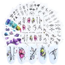 14pcs Nail Stickers on Nails Blooming Flower Butterfly Watercolor Water Transfer Hollow Slider For Nails Art Decor JISTZ880-902