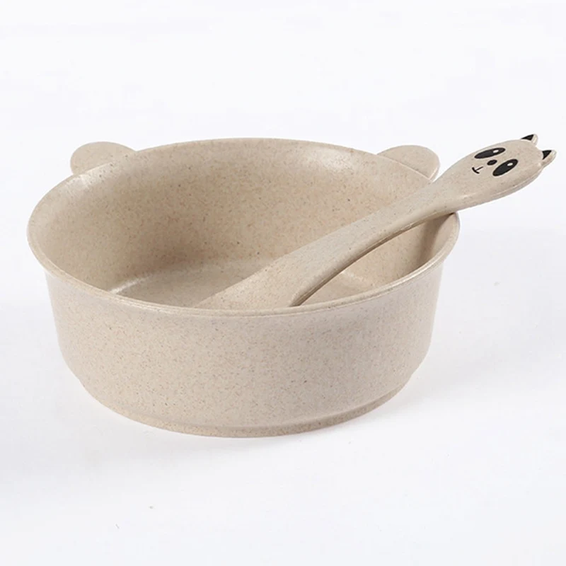 BB6219BG Мультяшная панда, детские блюда, столовая посуда миска+ ложка для кормления, посуда, анти-Горячая тренировочная тарелка, детская чаша из пшеничной соломы - Цвет: BB6219BG