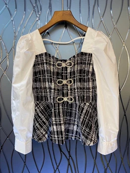 

2020 Early Autumn New Women's Irregular Neckline Color Panel Beaded Bowknot Knot Plaid Top 819