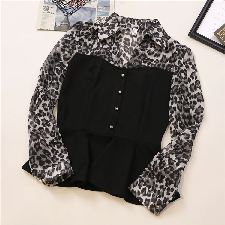 Blusas mujer de moda, отложной воротник, леопардовые оборки, уличная одежда, стиль пэчворк, Женские топы и блузки, корейская мода, одежда