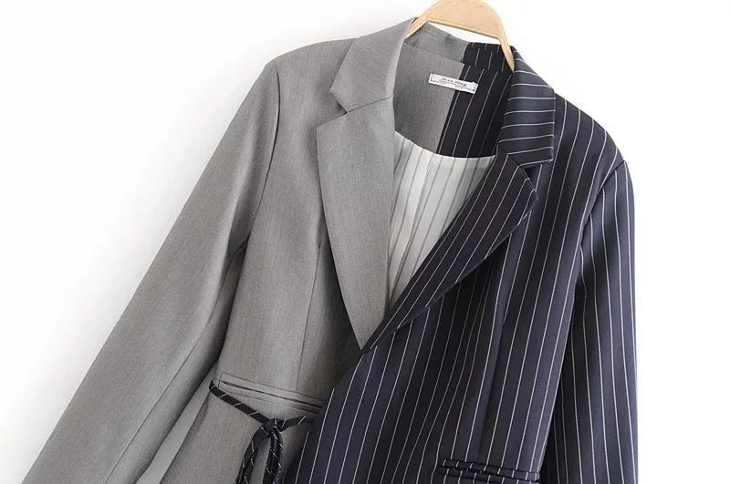 

Mk58 Autumn New Style Slim Fit Slimming Versatile Long Sleeve Non-symmetrical Joint Stripes Bandage Cloth Coat Women's