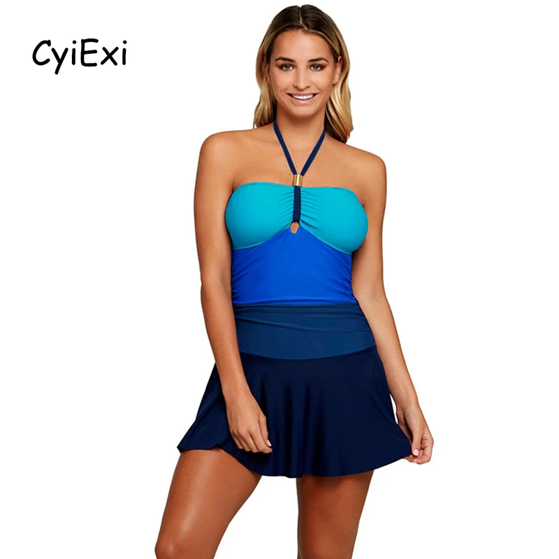 

CyiExi Plus Size Sexy Halter Swimdress One Piece Swimsuit Women Color Block Swimwear Swim Dress Beachwear Bathing Suit S-XXL 3XL