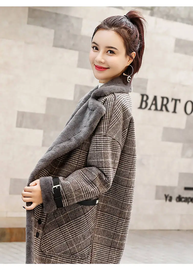 Новые осенне-зимние женские пальто размера плюс, клетчатое плотное пальто с отложным воротником, имитация овечьего меха, шерстяное пальто для женщин, верхняя одежда