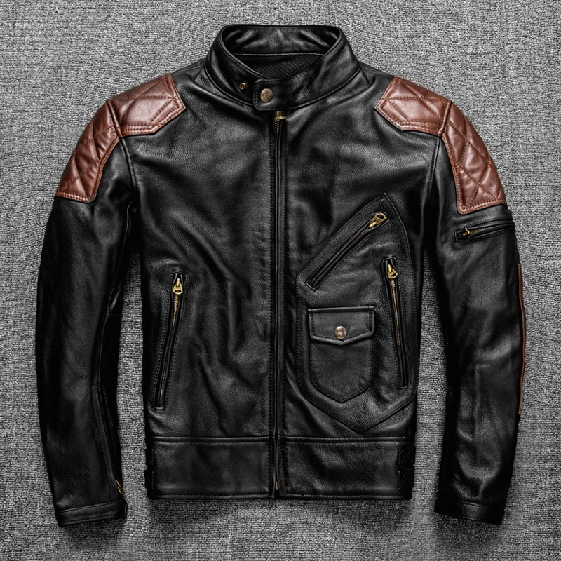 2022 NEW Motorcycle Cowhide Leather Jacket Men's Natural Genuine Leather Clothes Protective Equipment Biker Slim Men Coat genuine leather trench coats