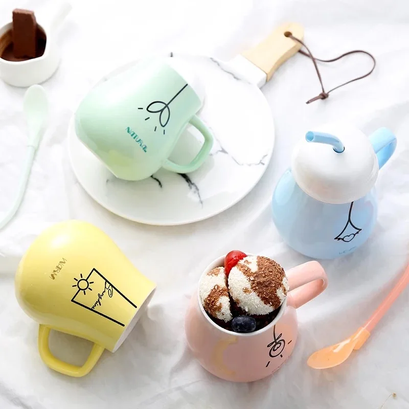 

Three-piece Creative Light Bulb Ceramic Cup Color Design Best Selling Mug With Straw Spoon High Temperature Resistance