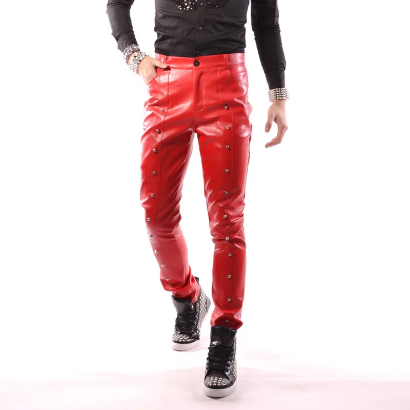 Men Rivet Red Leather Pants Fashion 