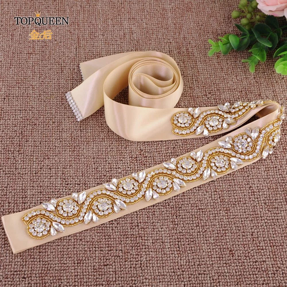 TOPQUEEN S164-G gold diamond belt wedding dress belt gold bridesmaid belt gold sequin belt rhinestone belt wedding bridal sash