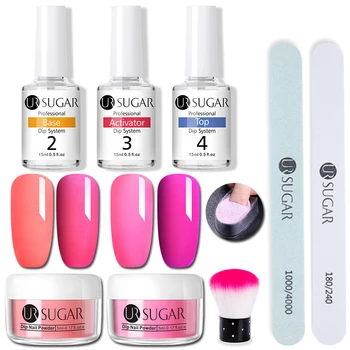 

UR SUGAR 9PCS Gradient Shiny Fluorescence Dipping Nail Powder Nail Art Dip Powder kit Base Coat Top Gel Glitter Nail Powder Set