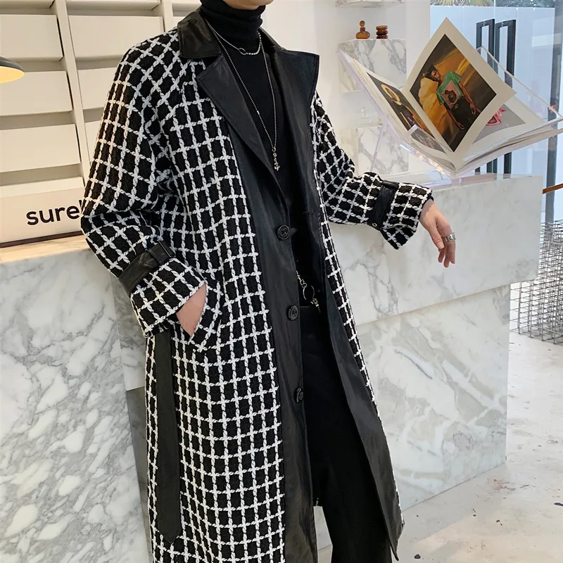 Male Women Streetwear Vintage Fashion Belt Long Overcoat Jacket Lovers Outerwear Men Leather Splice Plaid Wool Coat Windbreaker