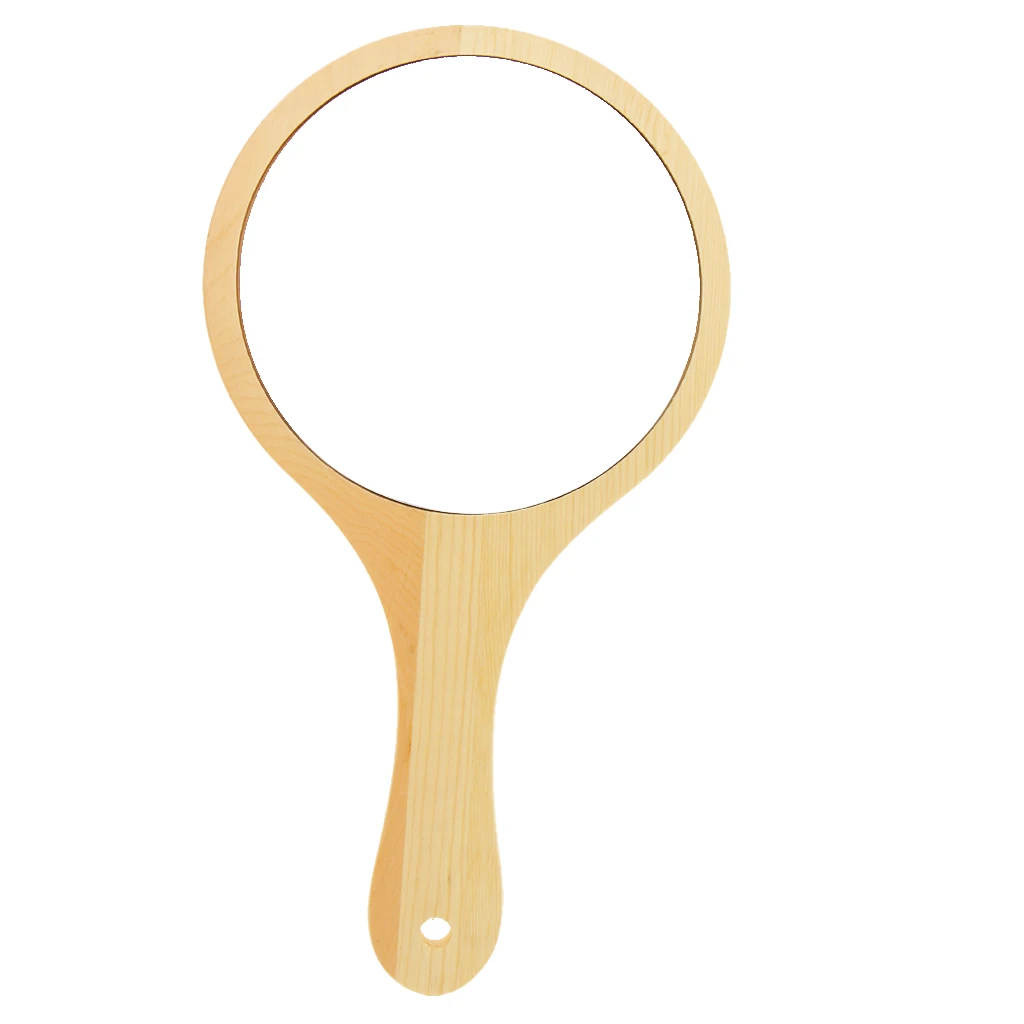 Portable Round Wooden Handheld Compact Makeup Vanity Hand Mirror with Hanging Hole for Bathroom Bedroom