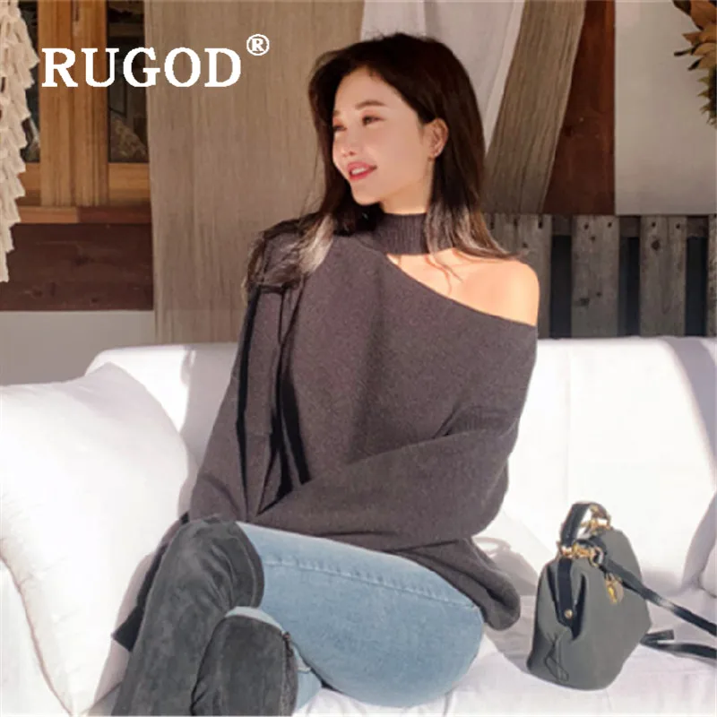 RUGOD New autumn korean chic sweater pullovers o neck off-shoulder solid knit pull fashion female elegant temperament tops