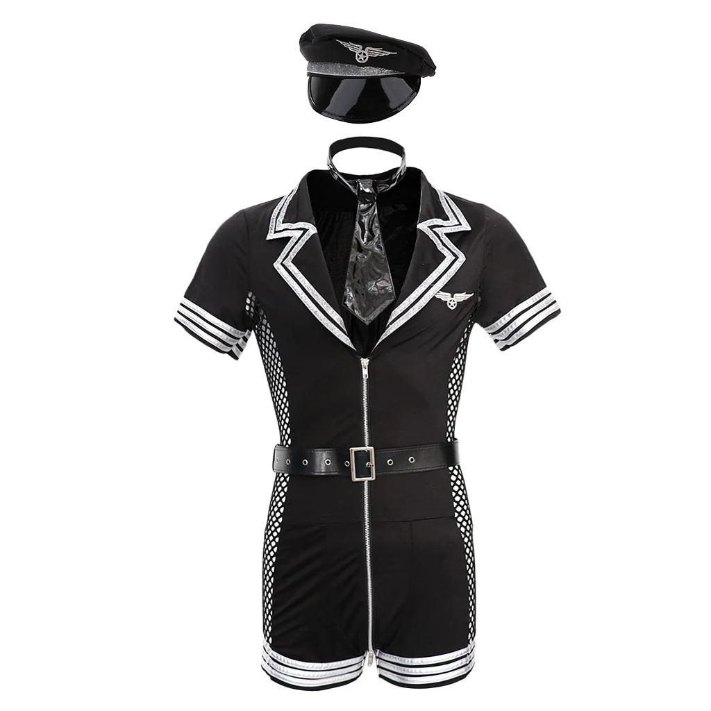4 pcs Festival Party Mens Airline Pilot Officer Suit Costumes Halloween Role Play Short Sleeve Bodysuit Hat Tie and Belt