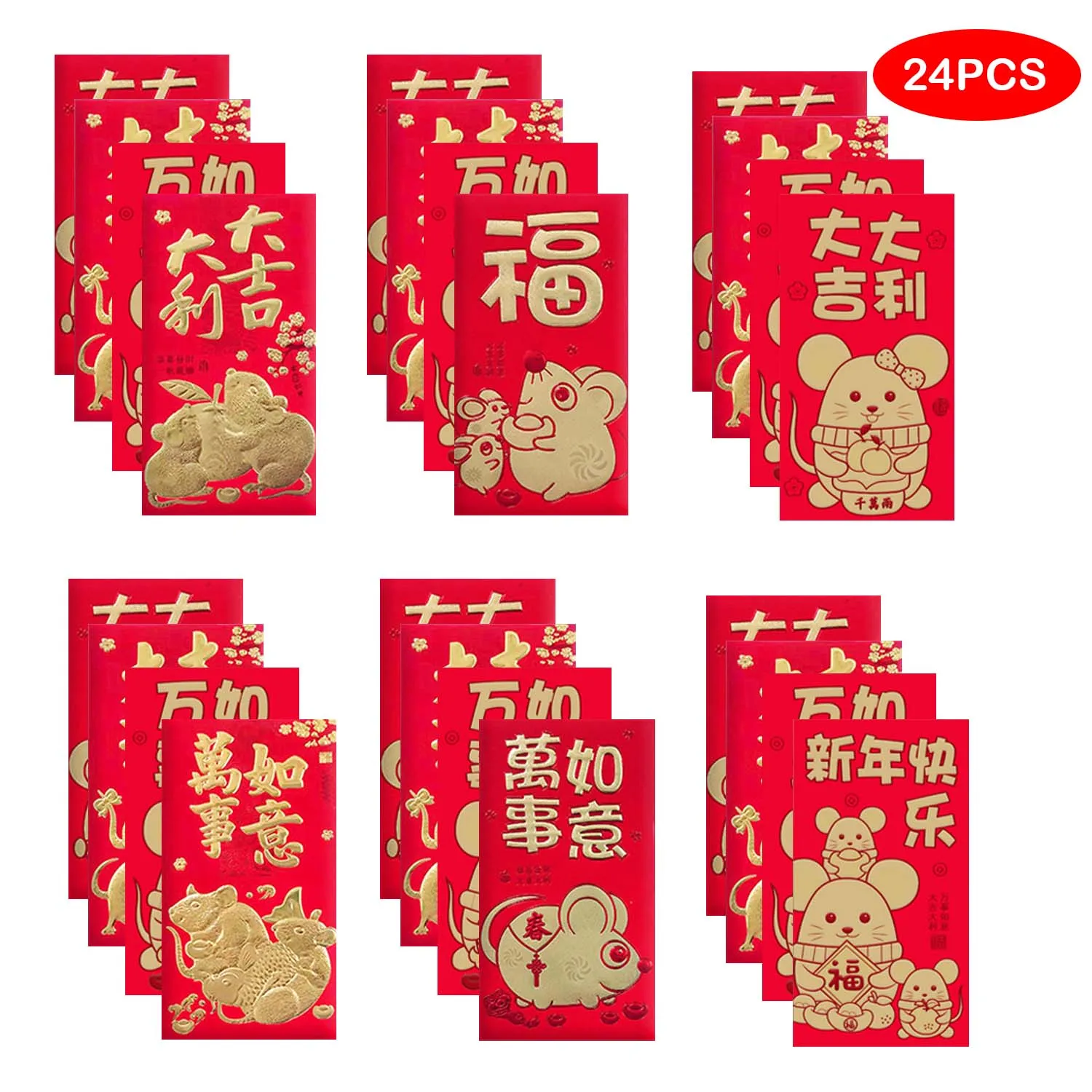 Besegad 24 шт китайские красные конверты год крысы Hong Bao фестиваль конверт для денег на Лунный год, праздник весны