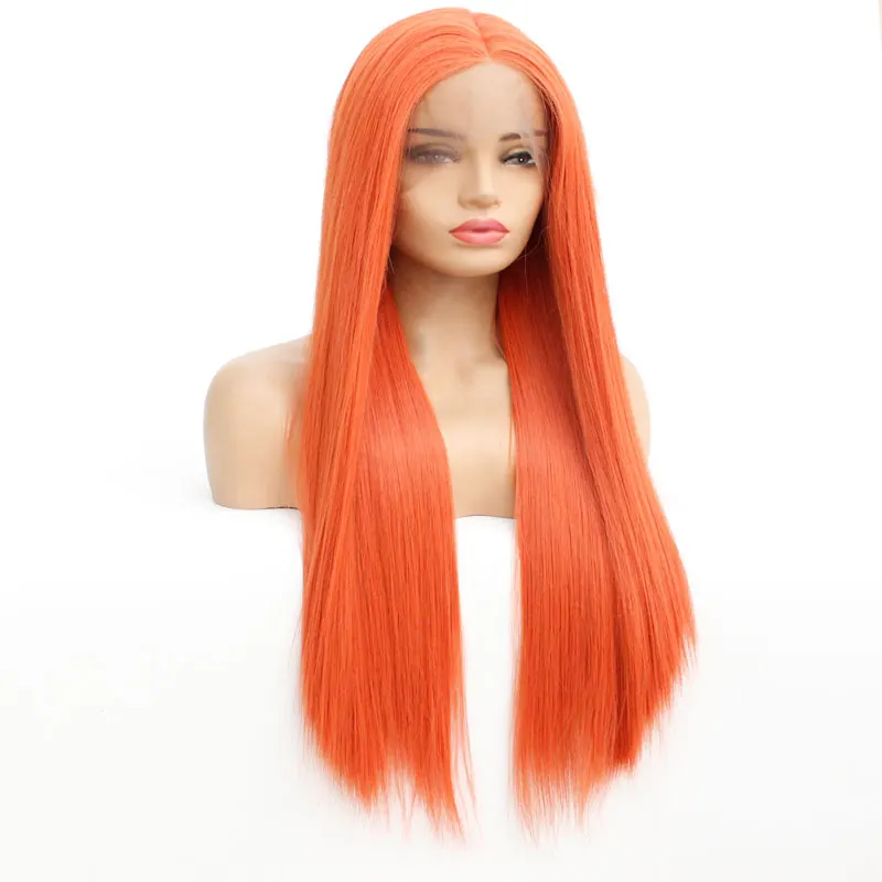 Оранжевый цвет Strtaight синтетический 13*3 парик фронта шнурка ручная вязка термостойкие волокна натуральные волосы для Withe Black women