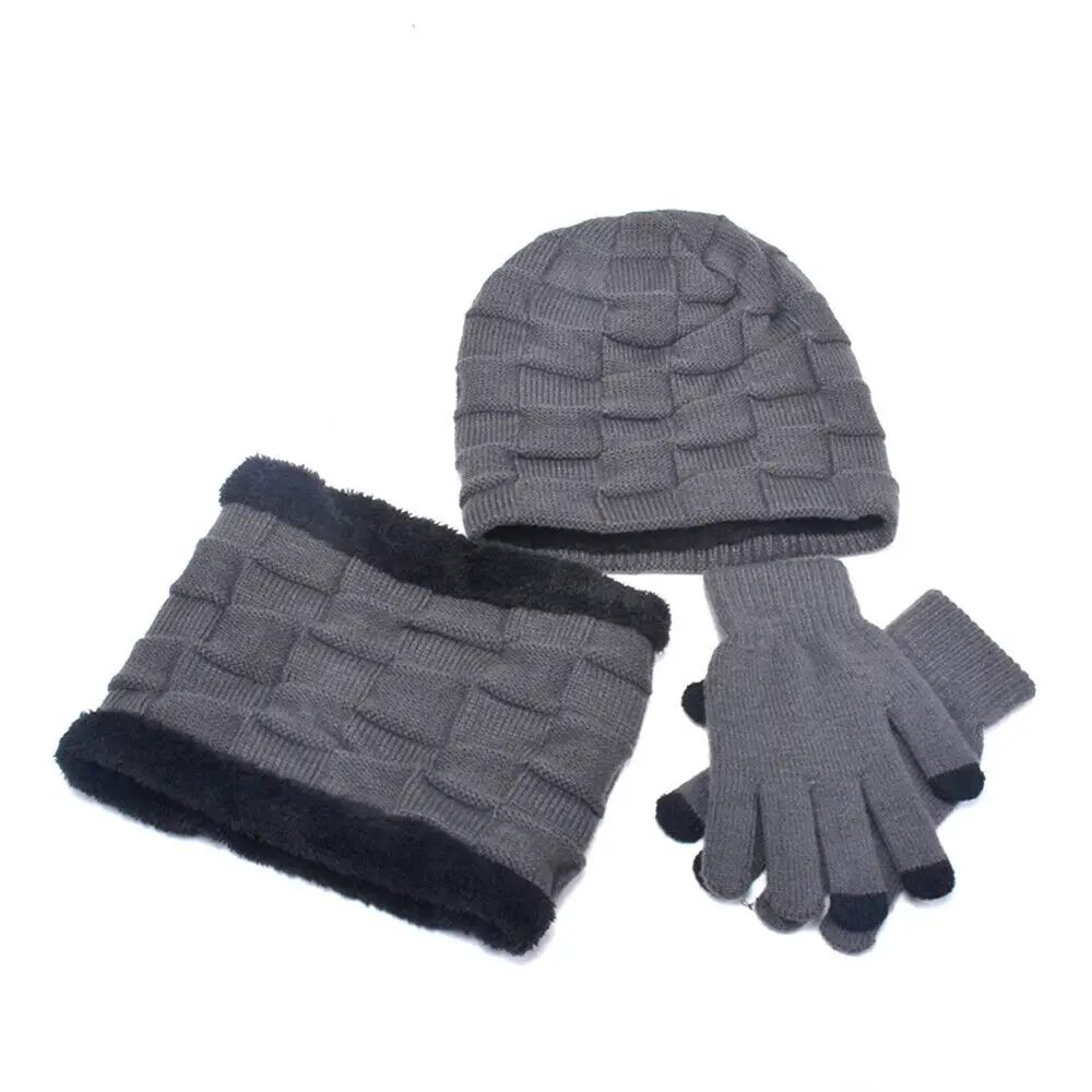 Мужской зимний теплый комплект из 3 предметов, вязаная шапочка-шарф, перчатки с сенсорным экраном, черный, серый, красный, хаки - Цвет: Серый