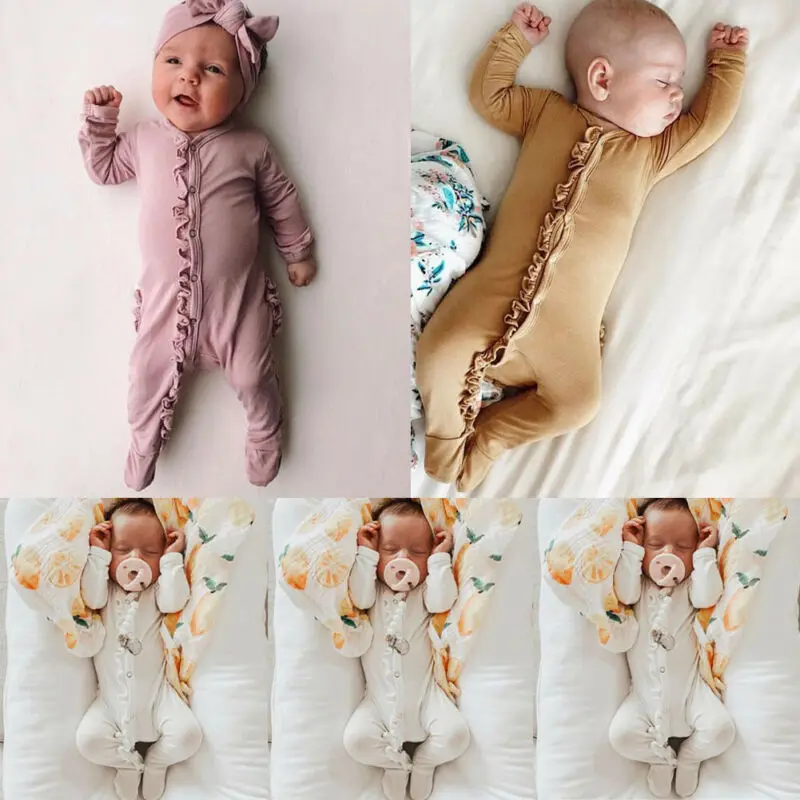 Одежда для новорожденных мальчиков и девочек; Милые однотонные Ползунки с оборками; комбинезон с длинными рукавами