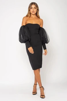 

CY fashion black off the shoulder tulle puff sleeve rayon bandage dress evening party dress bodycon nightclub sexy women vestido