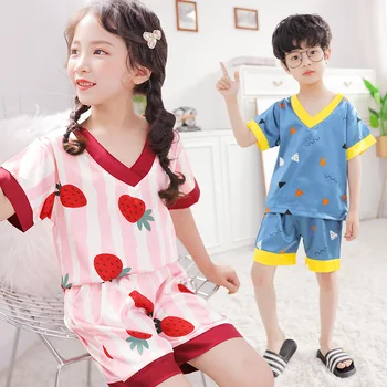 

Summer Boys Short Silk Pajamas Sets 2020 Cute Home Sleepwear Girls Short Kids Pijamas Girl Top + Pant V-neck Kids Pajamas Set