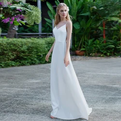 Spaghetti Strap White Floor-Length Jersey Wedding Dresses Sleeveless Strapless Sashes Sexy Open Back Court Train Bridal Gowns