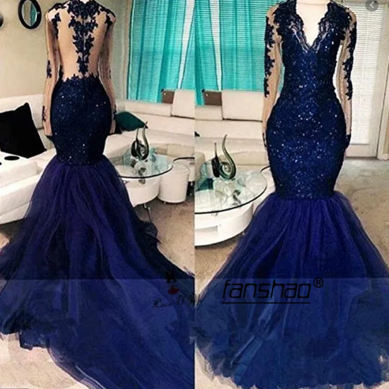 

Royal Blue Evening Dress Deep V Applique Full Sleeve Special Occasion Dubai Saudi Arabic Evening Gown Prom Dress abendkleider