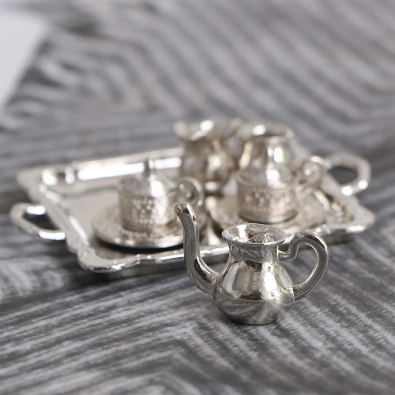 1/12 Dollhouse Miniature Tea Coffee Set Metal Silver 10pcs Accessories Decor 