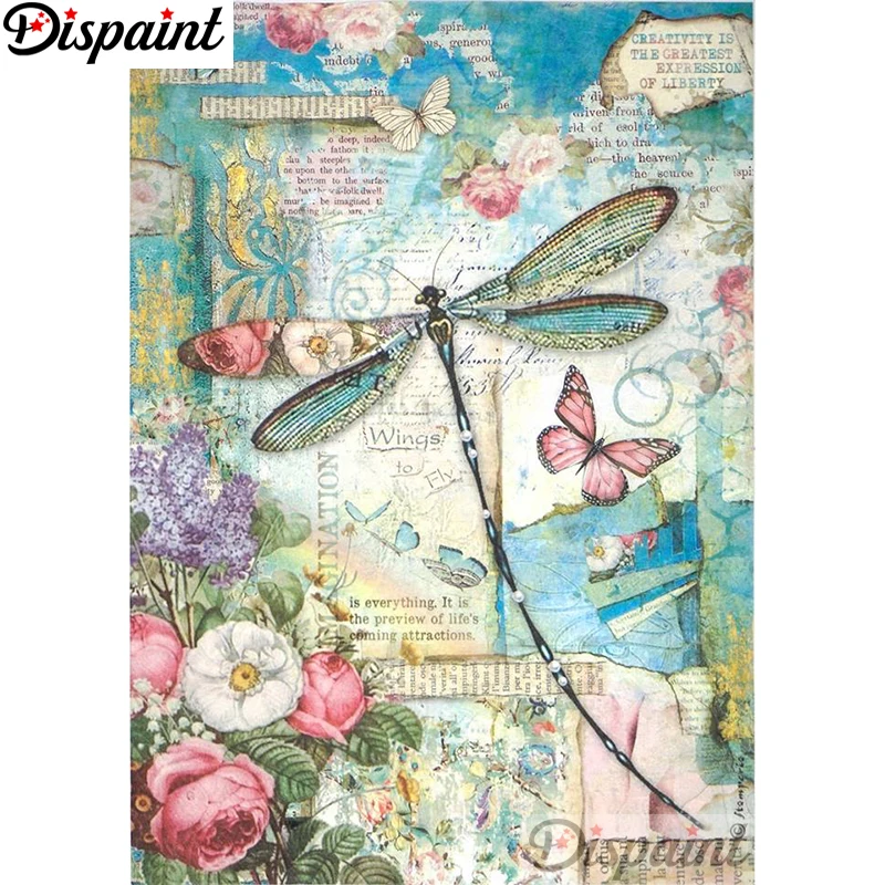 Dispaint 5D Diy Diamond Painting Cross Stitch "dragonfly flower" Home Decor Full Rhinestones Inlay Diamond Embroidery A27618