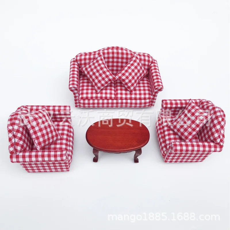 1: 12 Dollhouse Mini Furniture Model Living Room Floral Print Plaid Sofa Band Teapoy Table 4 Pieces in a Set