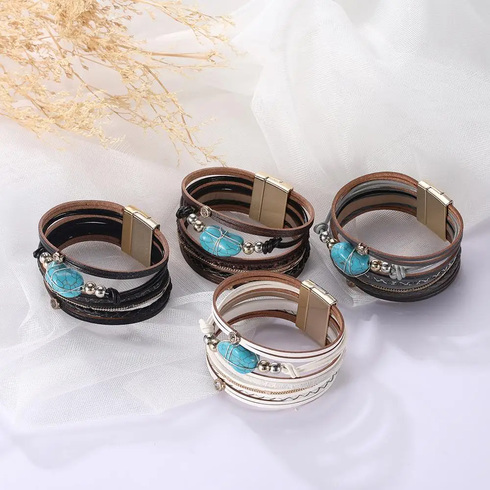 My shape многослойный Плетеный Кожаный Браслет зеленый кулон из бисера коричневый кристалл Плетеный широкий браслет магнитная пряжка браслет для женщин подарок