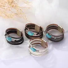 My shape многослойный Плетеный Кожаный Браслет зеленый кулон из бисера коричневый кристалл Плетеный широкий браслет магнитная пряжка браслет для женщин подарок