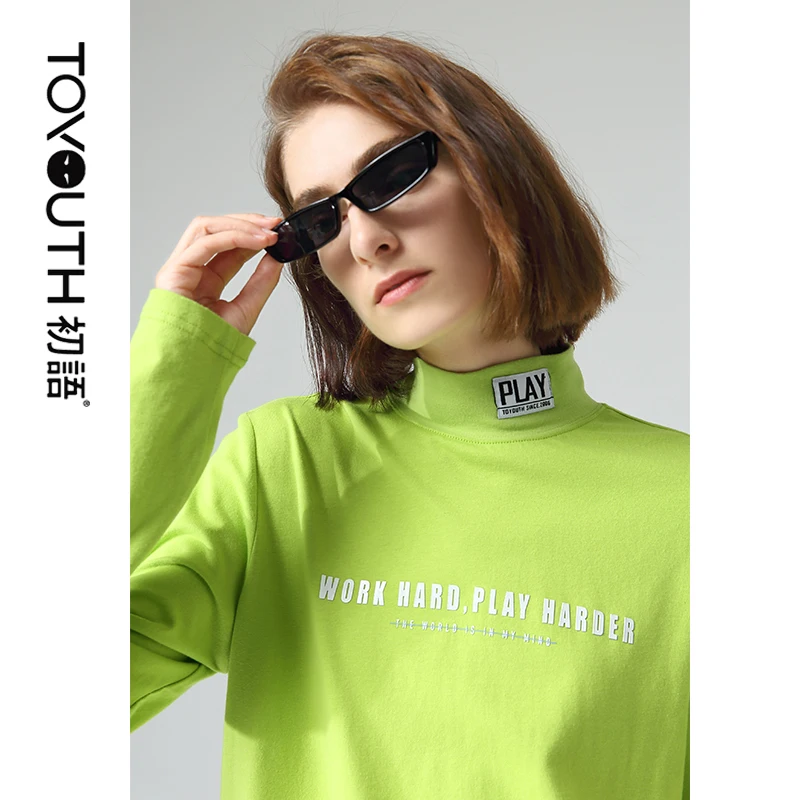 Comprar Camisetas de manga larga de cuello alto de Toyouth para mujer con letras impresas de otoño camiseta delgada camiseta con fondo