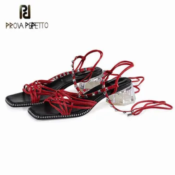 

Prova Perfetto 2020 Handmade Red Sandals Women Transparent heels Sandals Ankle Strap Beaded Special Women's Shoes Beach Sandals