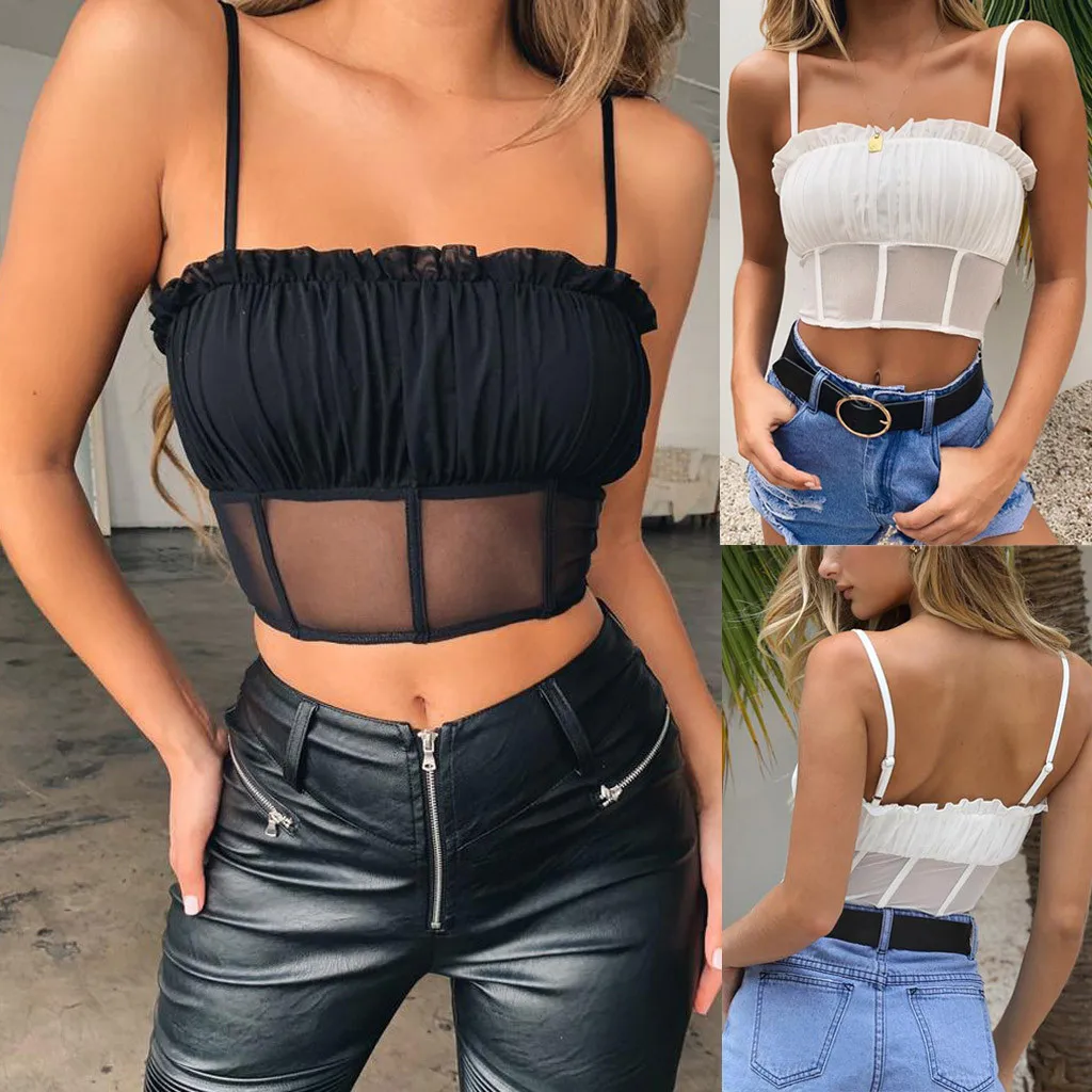 УКОРОЧЕННЫЙ ТОП 2019Top Горячая Мода для женщин s сексуальная Перспектива Ruched Короткие с открытыми плечами Camis топы без рукавов жилет для женщин одежда