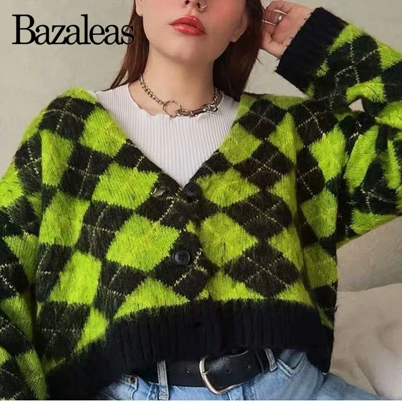 

Bazaleas Retro Chic Women Sweater Punk diamond Green pull femme Cardigan Loose Sweaters Casual buttons Knitted Dropshipping