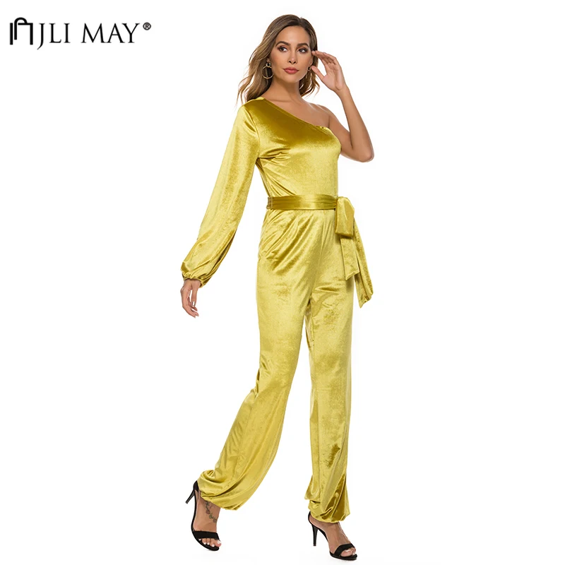 JLI может цельный велюровый комбинезон женский сексуальный комбинезон на одно плечо с открытой спиной с длинным рукавом с поясом, обтягивающий Свободный комбинезон