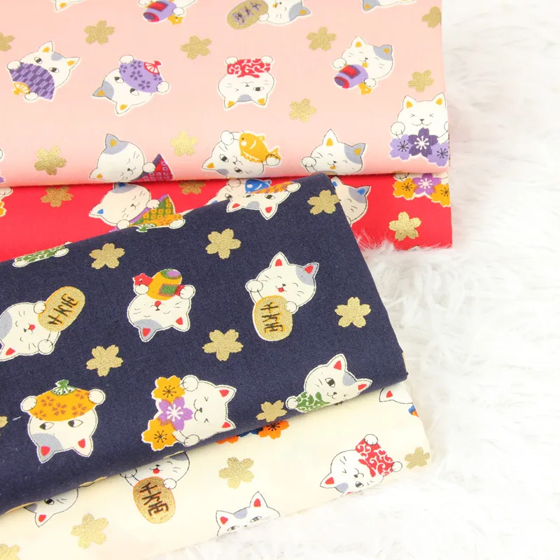 

half yard thin cotton fabric soft breeze fortune cat gilt print handmade DIY bag cloth 100% cotton CR-30