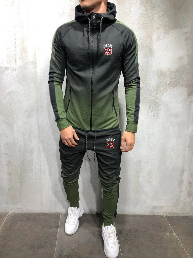 Low Price Mens Fashion Zipper Tracksuit Gradient color 3D Print Casual Sportsuit Men Hoodies/Sweatshirts Sportswear JORDAN 23 Hooded+Pant