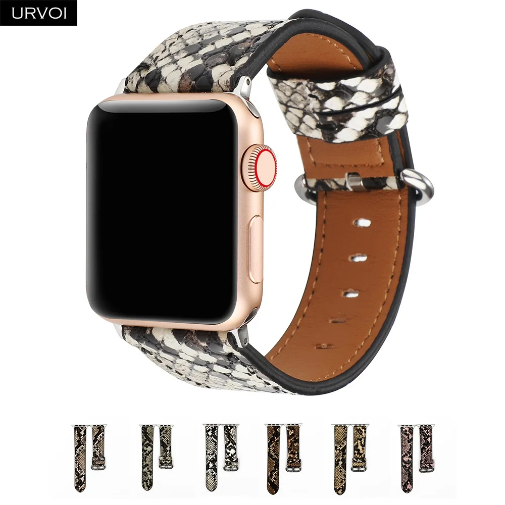 Кожаный ремешок URVOI для Apple Watch series 6 SE 5 4 321 с принтом iWatch ПУ кожа микрофибра питоном