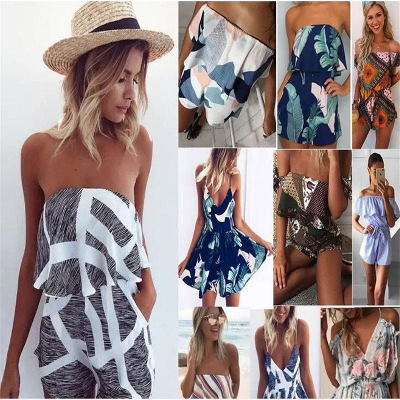 

Women Jumpsuit 2019 Summer Sexy Slash Neck Striped Ruffle Body Femme Print Loose Playsuit Rompers Beach Bodysuit Sling Overalls