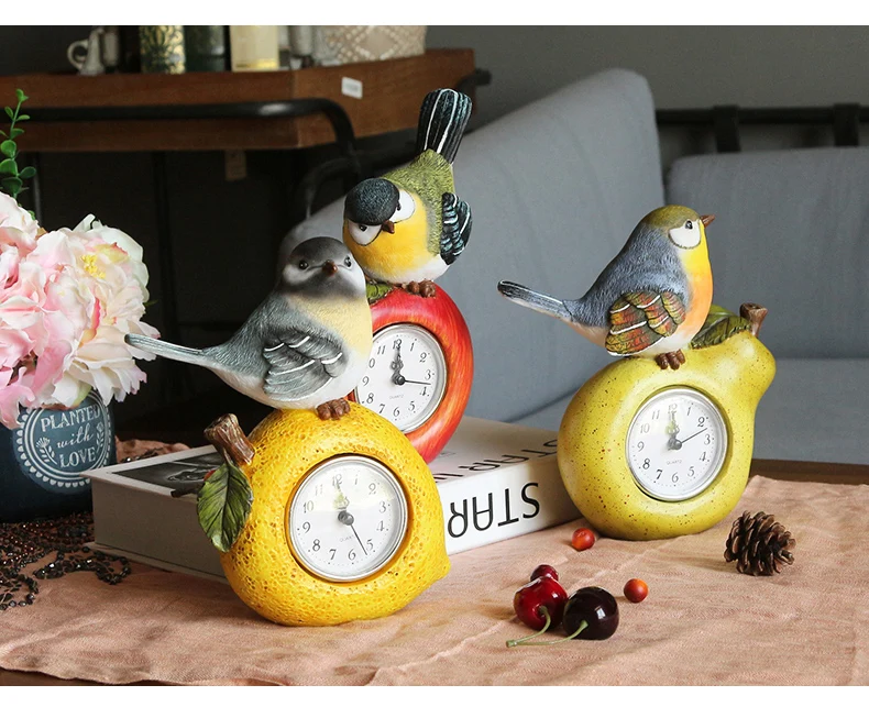 Decorative Cute Bird on Fruit Apple,Pear Shaped Hand-Painted Resin Bedroom Table Countertop Clock