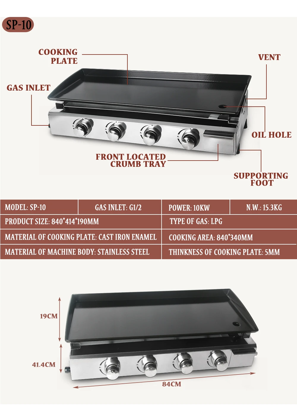 LPG Gas BBQ Grill 4 Burners Plancha Stainless Steel Barbecue Griddle Cast Iron Hot Plate Outdoor Barbecue Tools