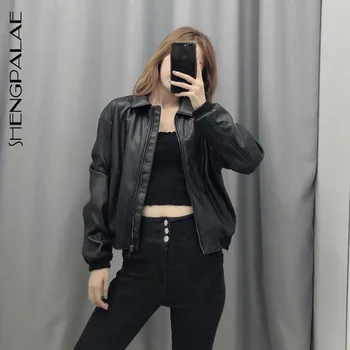 

SHENGPALAE 2020 New Fashion Autumn Leather Jacket Women PU Slim Coats Ladies Clothing Black Lapel Zipper Faux Leather ZA4845