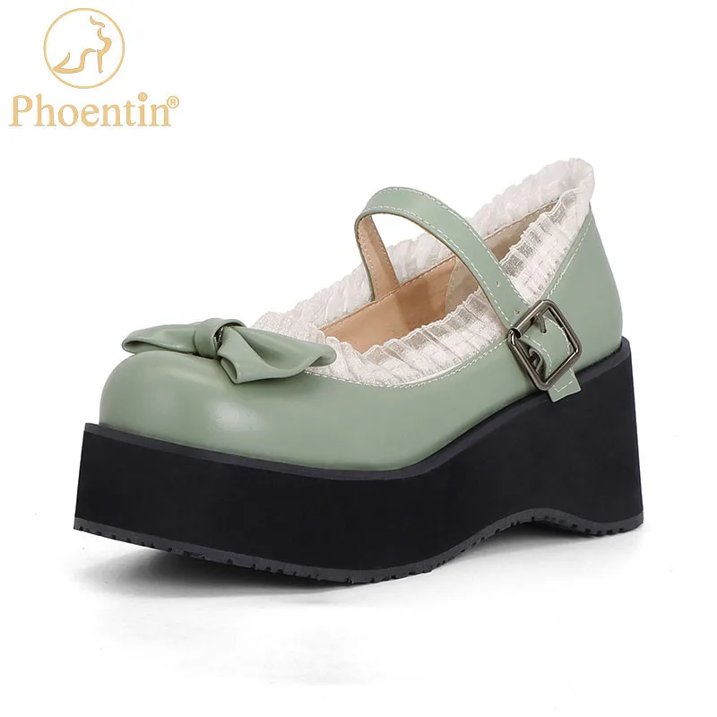 

Phoentin Sweet lace decoration Butterfly Knot big round toe Marry Janes shoes Girls Lolita Buckle Platfoem Pumps green FT1466
