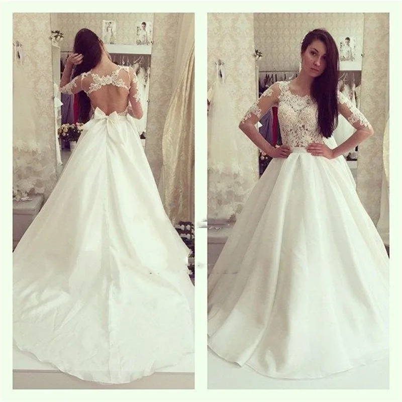 

Scoop Long Sleeves A-Line Lace Appliques Wedding Dresses Sexy Open Back Bridal Gowns Customized Formal Bride Wedding Gown