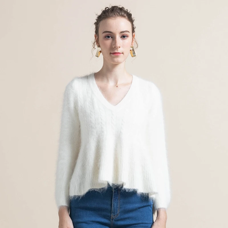 

2019 V-neck Long Sleeve Winter Women Rabbit Fur Sweater