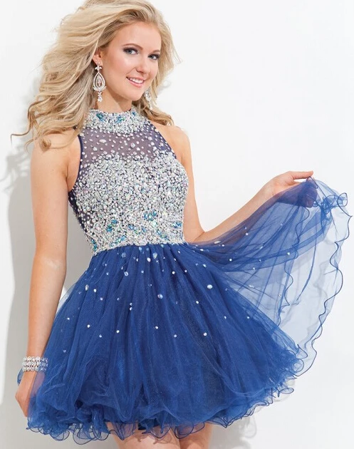 

2018 New vestido de noiva Homecoming High Neck Off Shoulder Crystal Beading Mini Length Party prom gown bridesmaid dresses