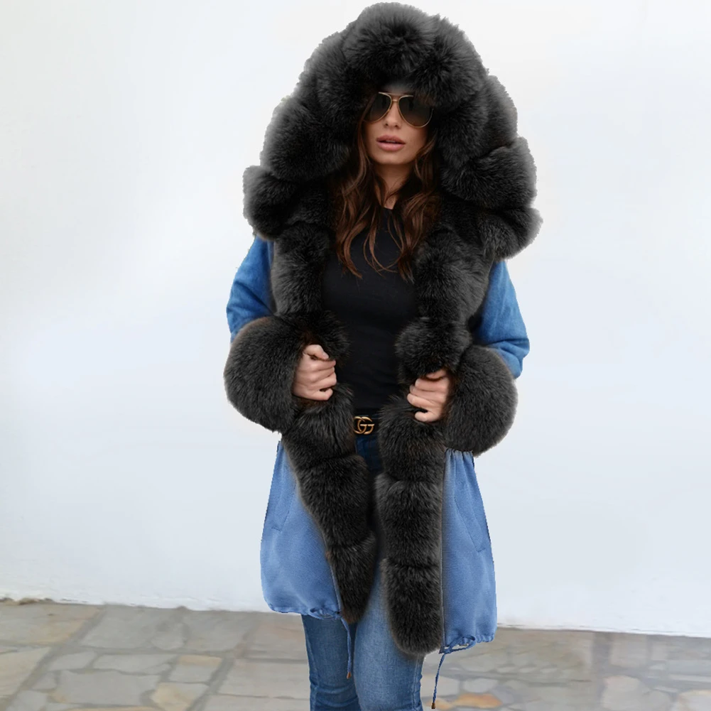 Модные женские утепленные пальто с капюшоном из искусственного меха, парки, анораки, верхняя одежда, зимние женские свободные длинные куртки Oc24