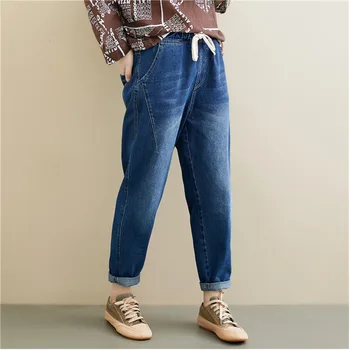 

#4620 Autumn Blue Black Harem Jeans For Women Elastic Waist Casual Loose Plus Size Jeans Femme Ankle-length Ladies Jeans Vintage