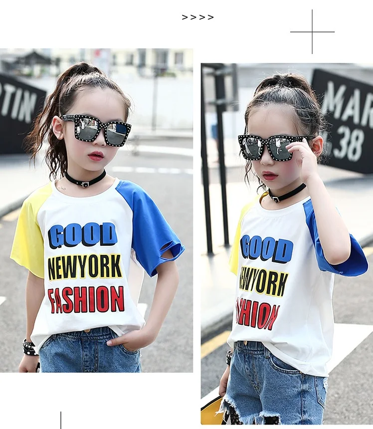 Girls Letter Print T Shirt Children Short Sleeve Patchwork Summer Tops Fashion Teenagers Casual Loose Shirts 3-12T AA51795